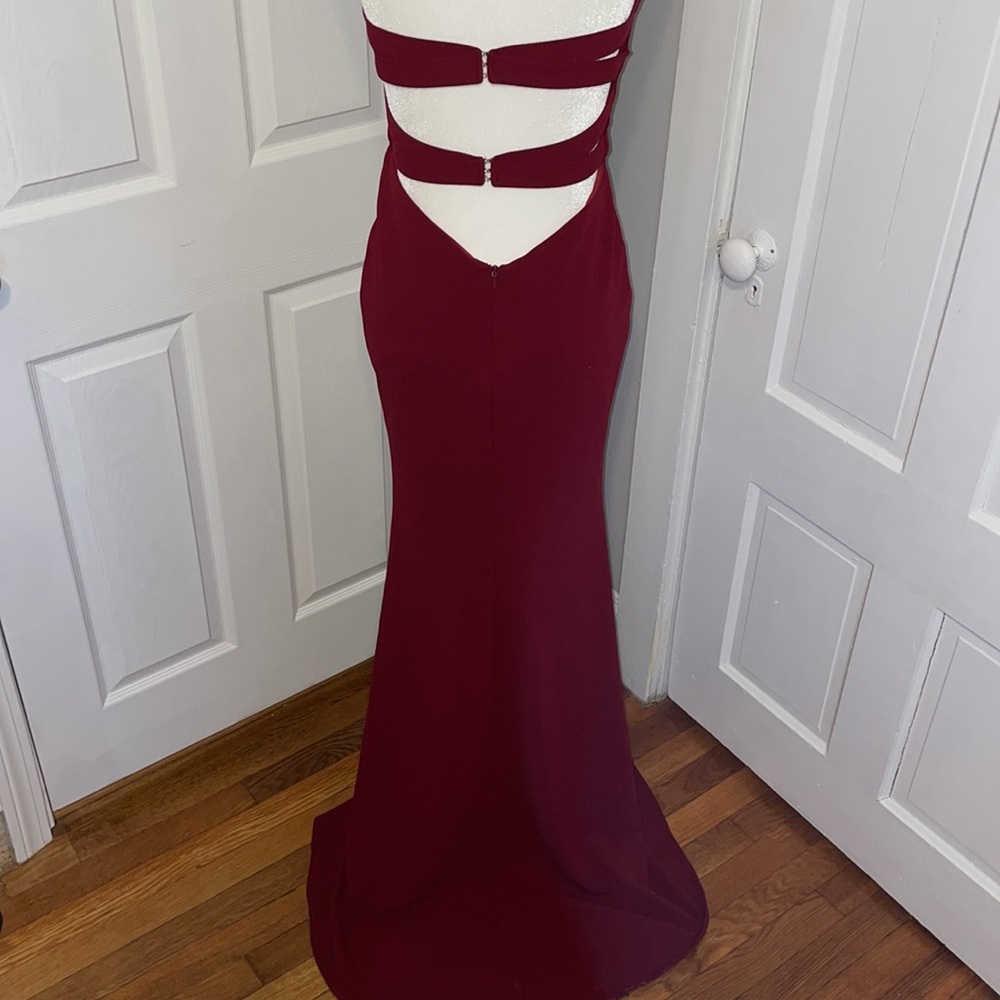 BURGUNDY strapless La Femme Evening gown - Picture 8 of 8